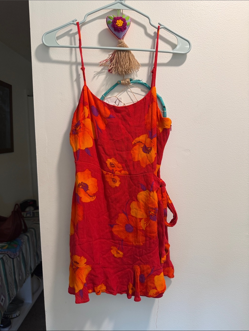 Spaghetti Strap Mini Dress with Orange Floral Print - Red